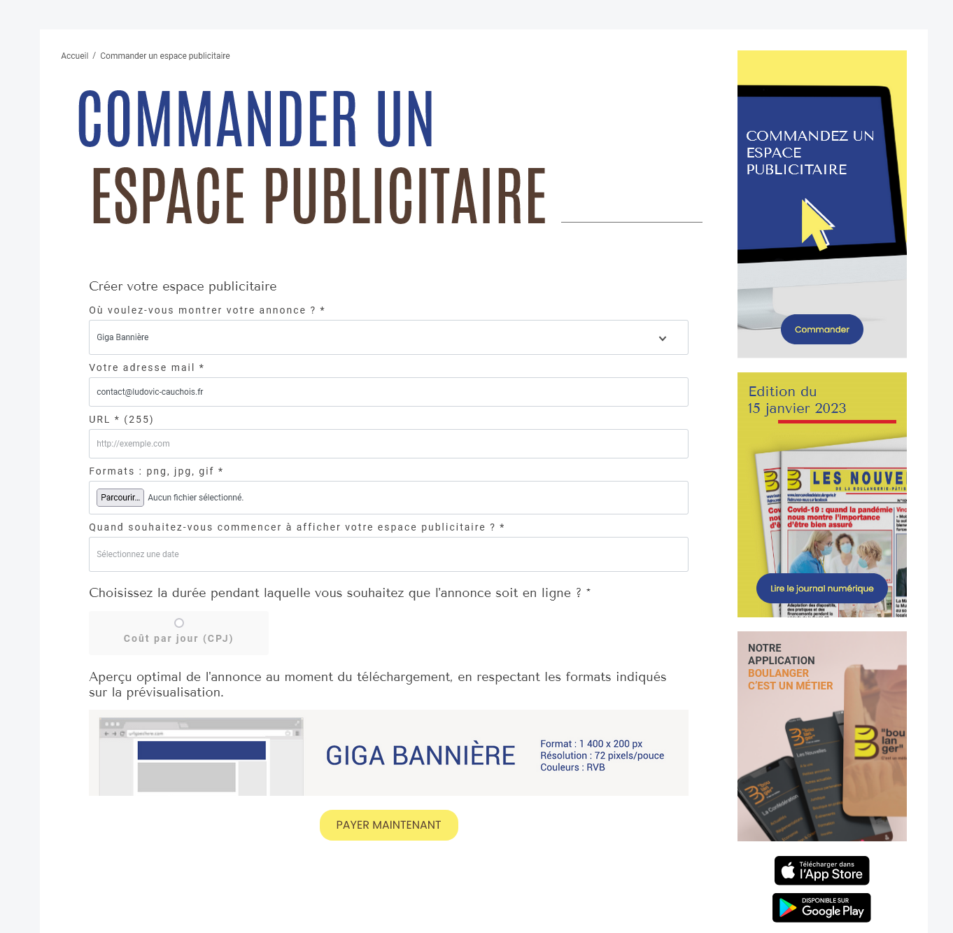 Espace publicitaire site ecommerce wordpress Les Nouvelles de la Boulangerie Pâtisserie